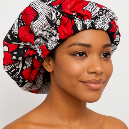 Red & Black Floral Satin Bonnet – Protective Sleep Cap for Natural Hair & Braids UK - Fatisha Boutique #
