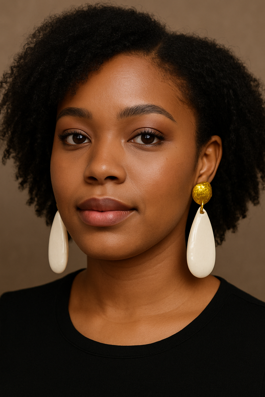 White Resin Teardrop Earrings – Gold Textured Studs | Modern Statement Chic - Fatisha Boutique #