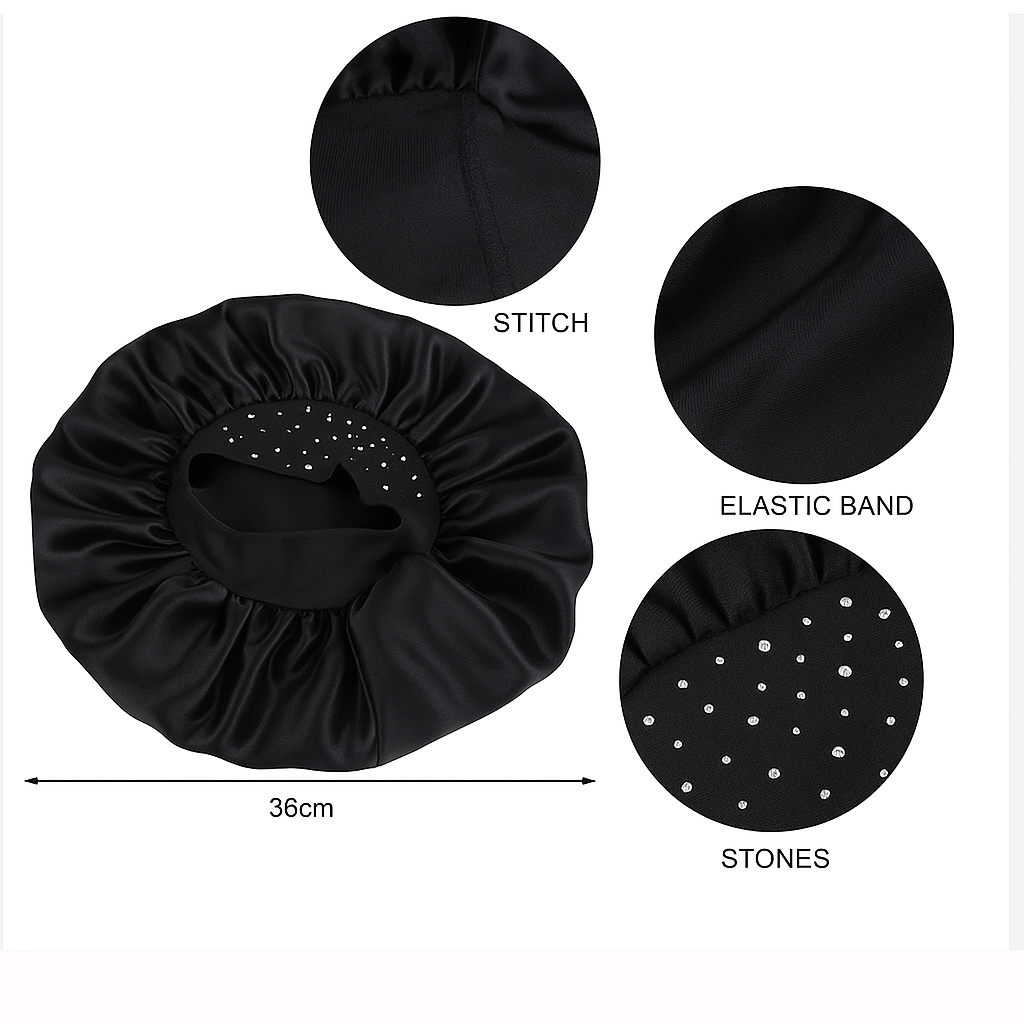 Rhinestone Satin Silk Bonnet Cap – Single Layer Sleep Cap with Stretch Band - Fatisha Boutique #