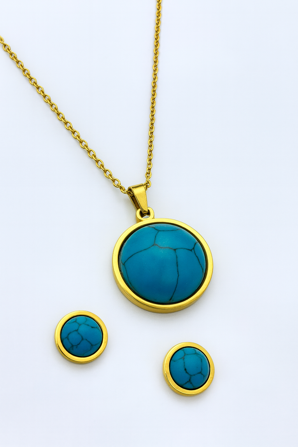 Turquoise Round Pendant Necklace & Stud Earrings Set – Gold & Silver Stainless Steel Jewellery, Elegant Gift for Women - Fatisha Boutique #