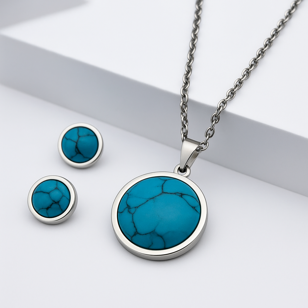 Turquoise Round Pendant Necklace & Stud Earrings Set – Gold & Silver Stainless Steel Jewellery, Elegant Gift for Women - Fatisha Boutique #