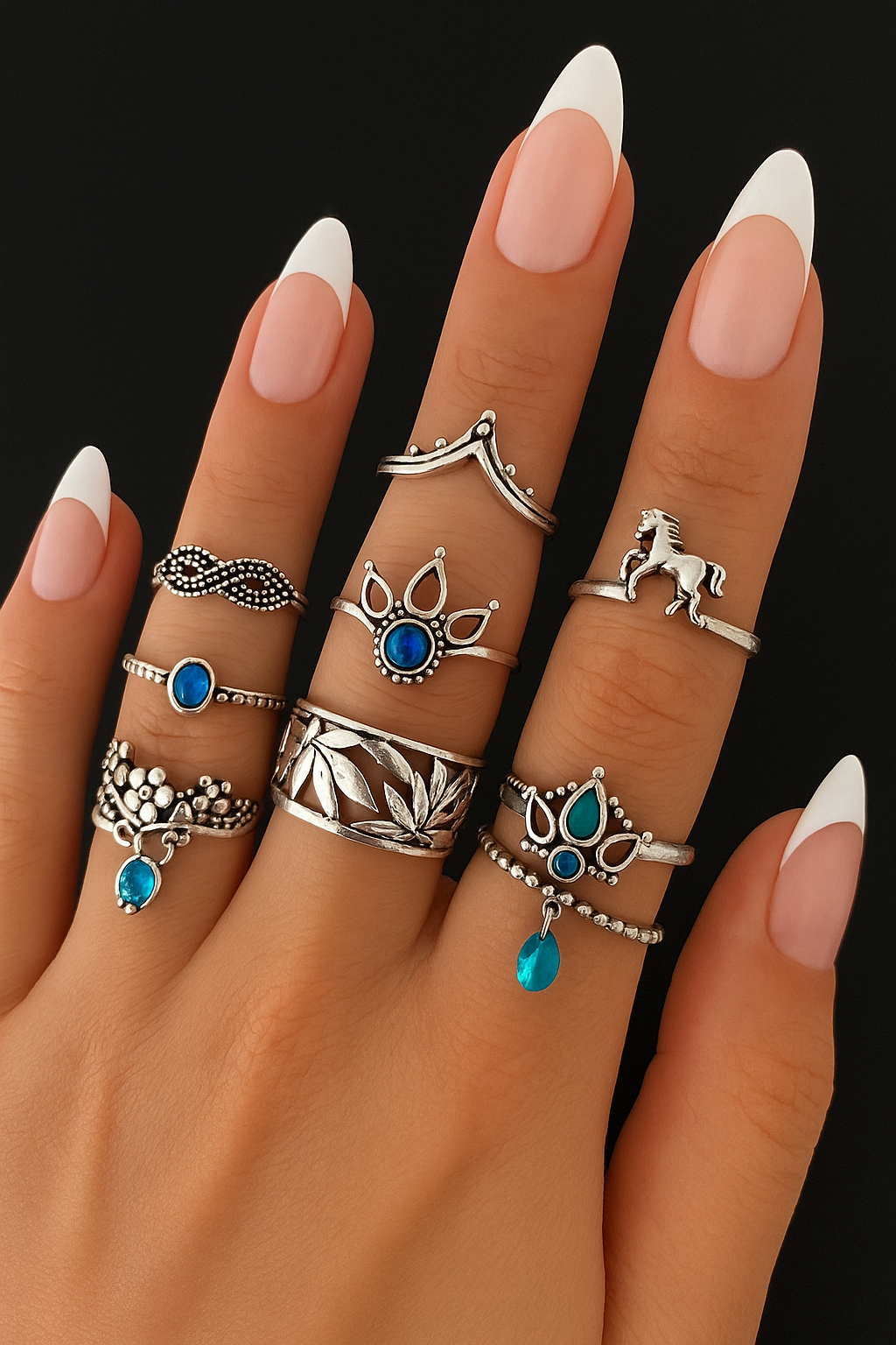 Set of 13 Boho Vintage Silver Rings – Celestial & Tribal Style Midi Finger Jewellery - Fatisha Boutique #