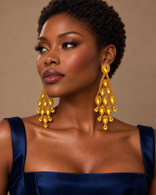 Long Golden Yellow Rhinestone Chandelier Earrings - Fatisha Boutique