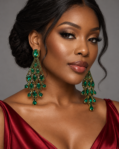 Long Emerald Green Rhinestone Chandelier Earrings - Fatisha Boutique