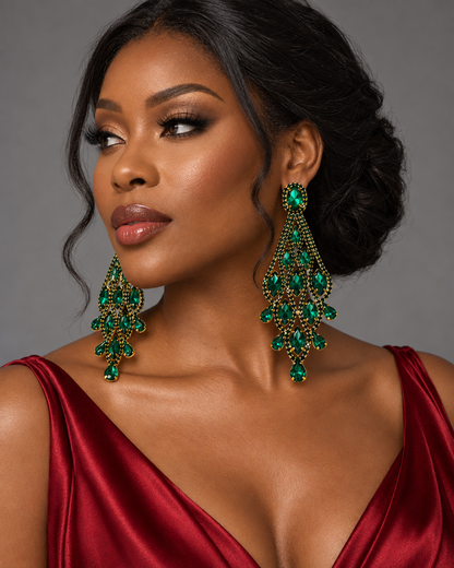 Long Emerald Green Rhinestone Chandelier Earrings - Fatisha Boutique