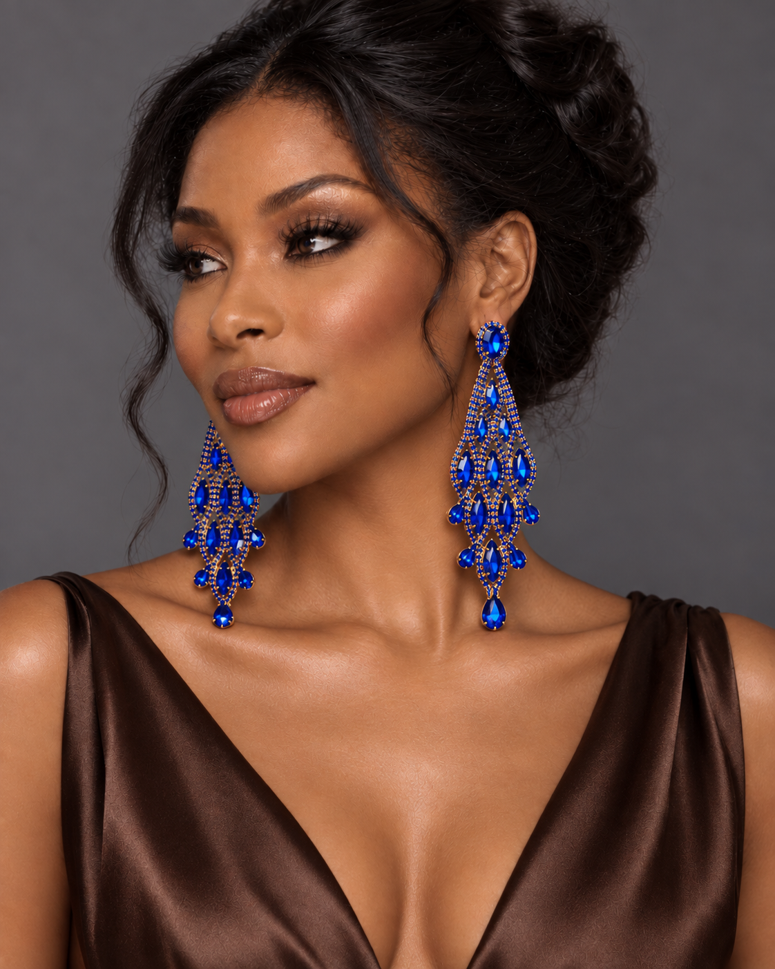 Long Royal Blue Rhinestone Chandelier Earrings - Fatisha Boutique Fatisha Boutique