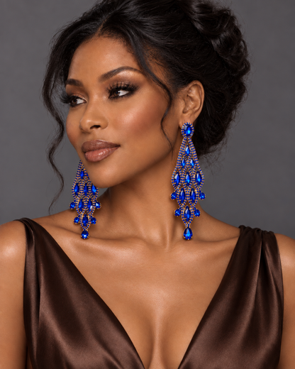Long Royal Blue Rhinestone Chandelier Earrings - Fatisha Boutique