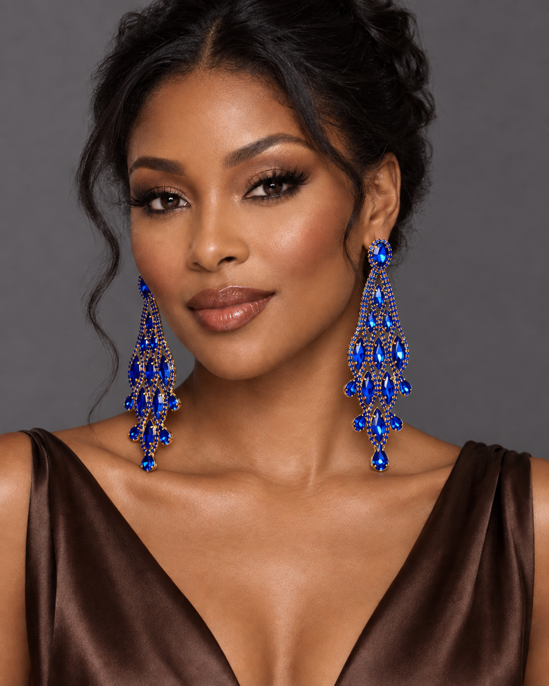 Long Royal Blue Rhinestone Chandelier Earrings - Fatisha Boutique