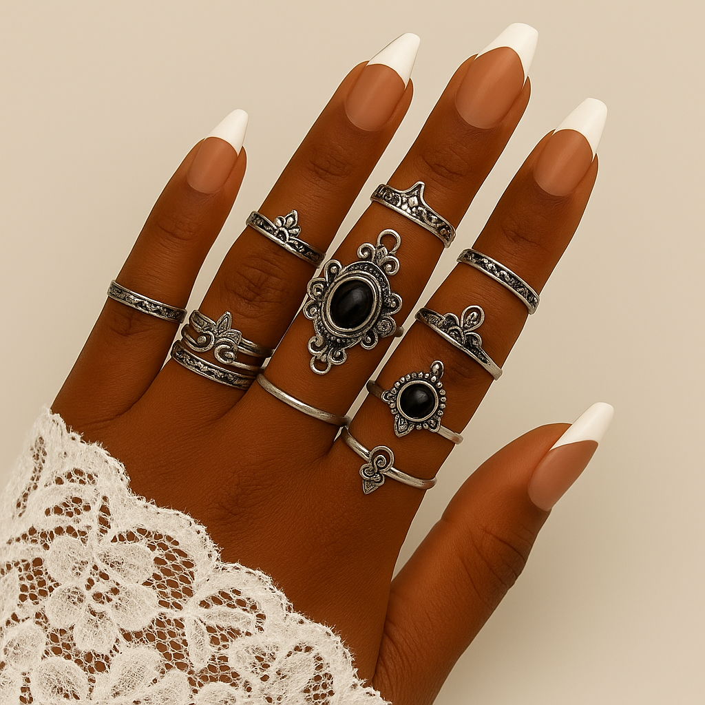 Vintage Boho Black Stone Ring Set – 10 Pcs Mixed Sizes Statement Jewellery - Fatisha Boutique #