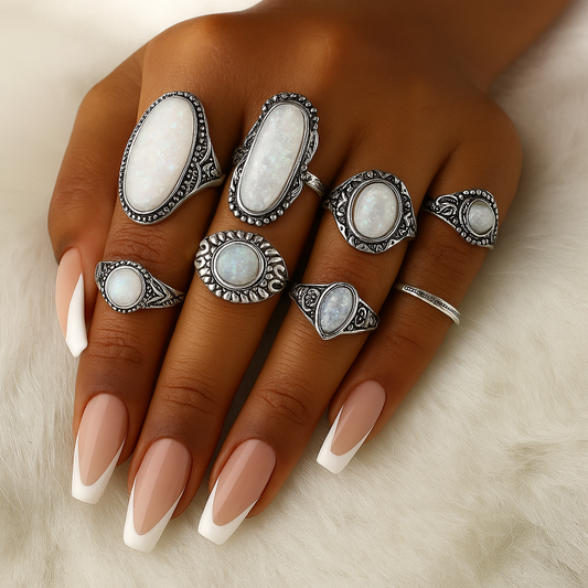 Set of 8 Vintage Silver Opal-Style Rings – Bohemian Stackable Jewellery - Fatisha Boutique #