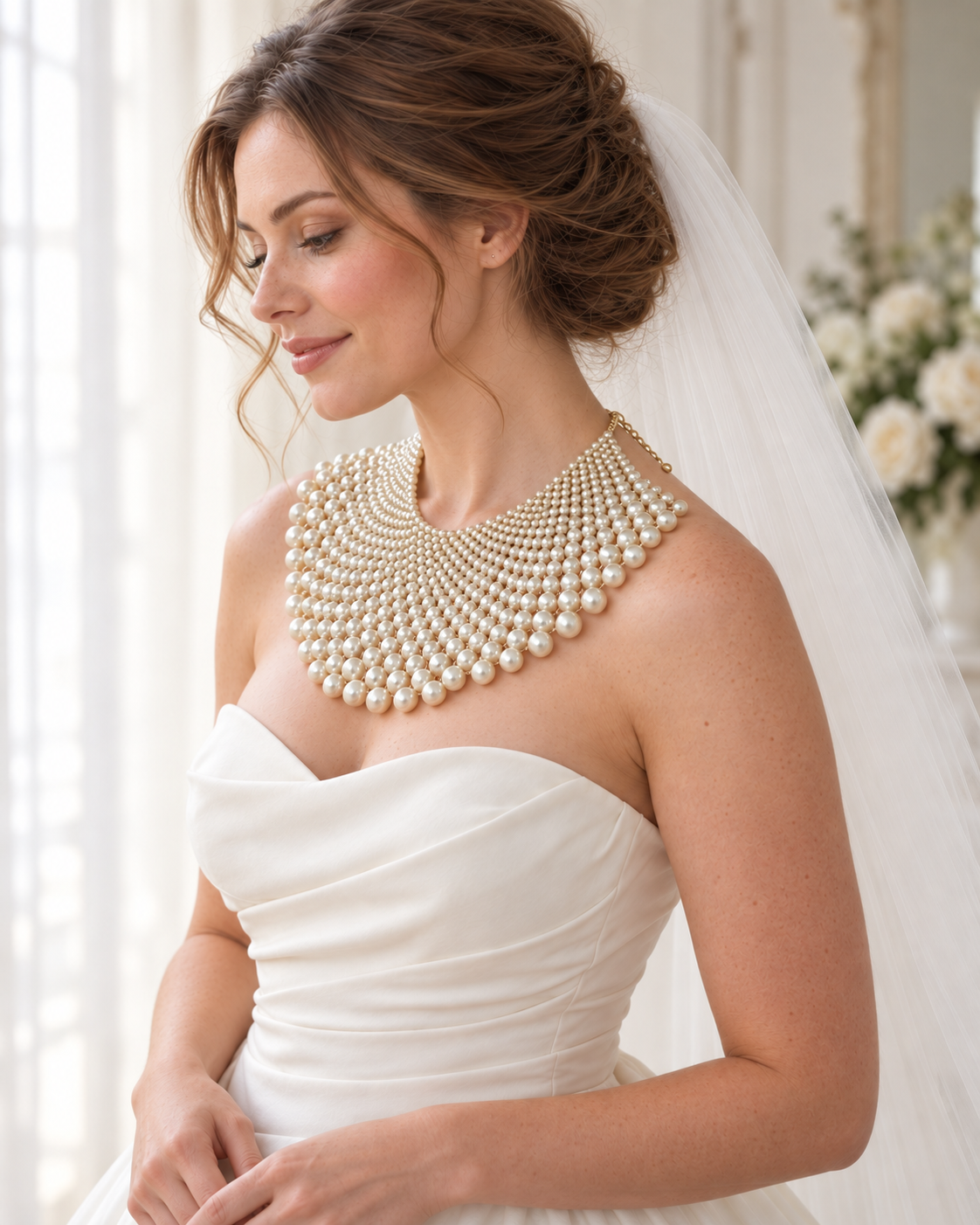 Bridal Faux Pearl Bib Collar Statement Necklace for Women