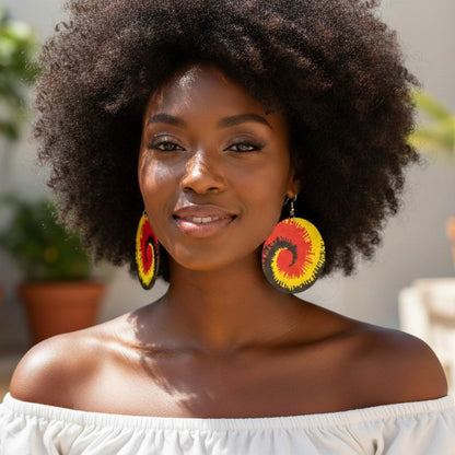 Rasta Spiral Wooden Earrings – Double-Sided Red, Green, Yellow Statement Jewellery - Fatisha Boutique #