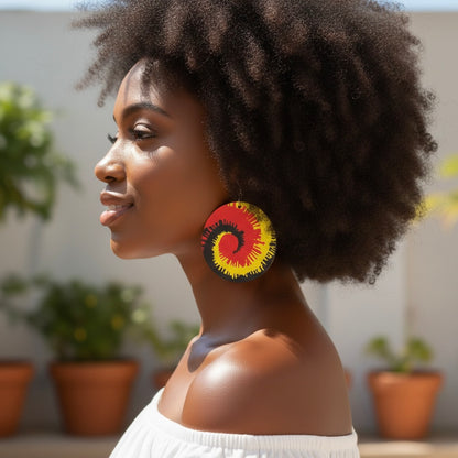 Rasta Spiral Wooden Earrings – Double-Sided Red, Green, Yellow Statement Jewellery - Fatisha Boutique #