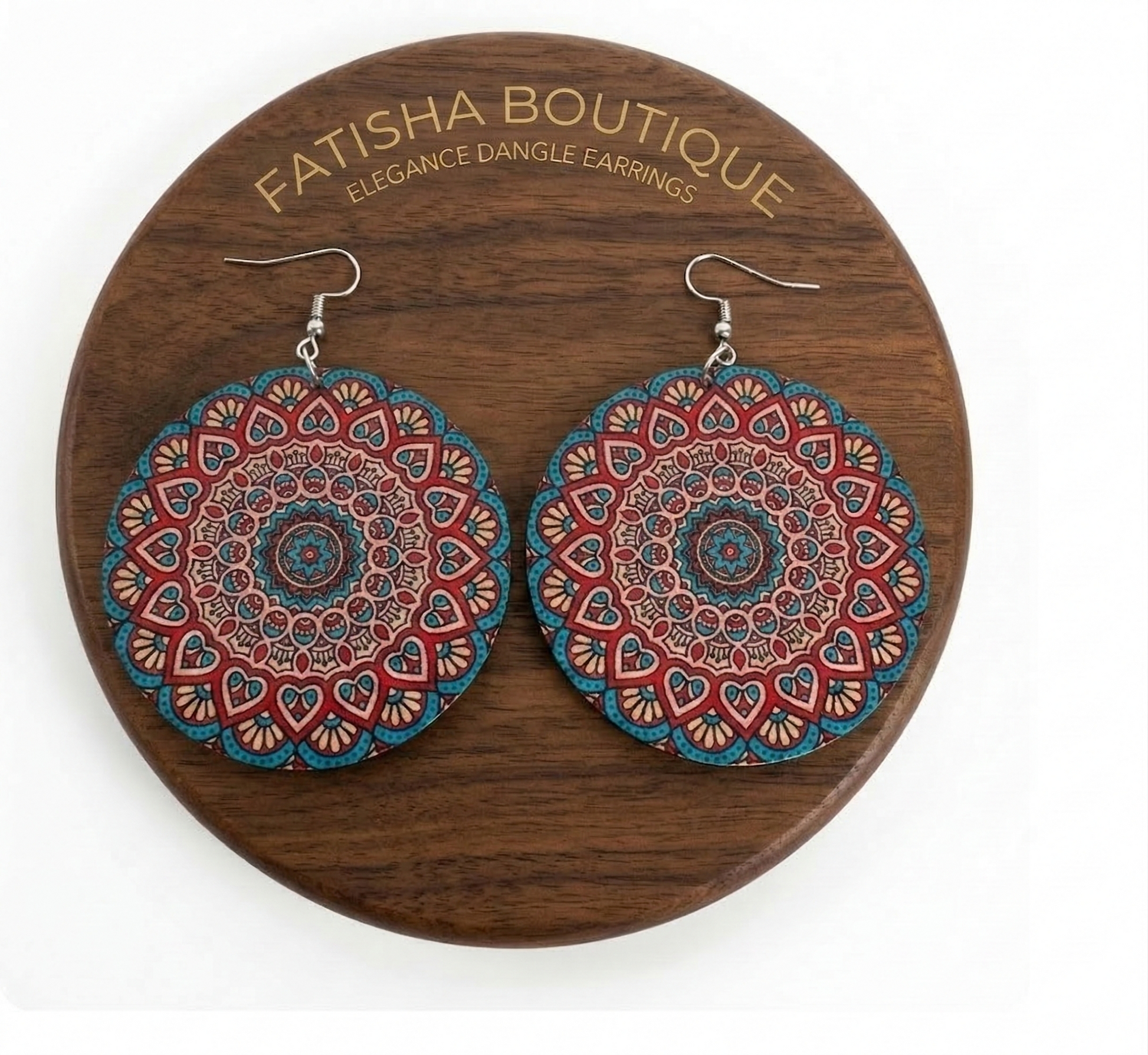 Boho Mandala Print Statement Earrings – Lightweight Wooden Round Dangle Earrings for Women - Fatisha Boutique #