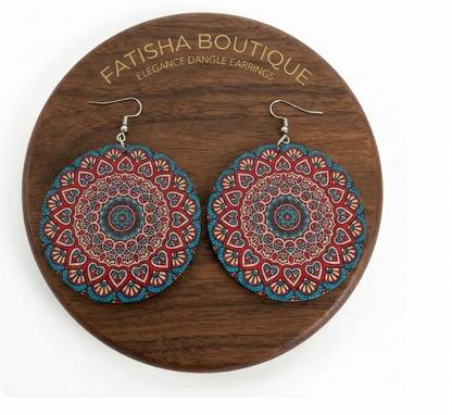 Boho Mandala Print Statement Earrings – Lightweight Wooden Round Dangle Earrings for Women - Fatisha Boutique #