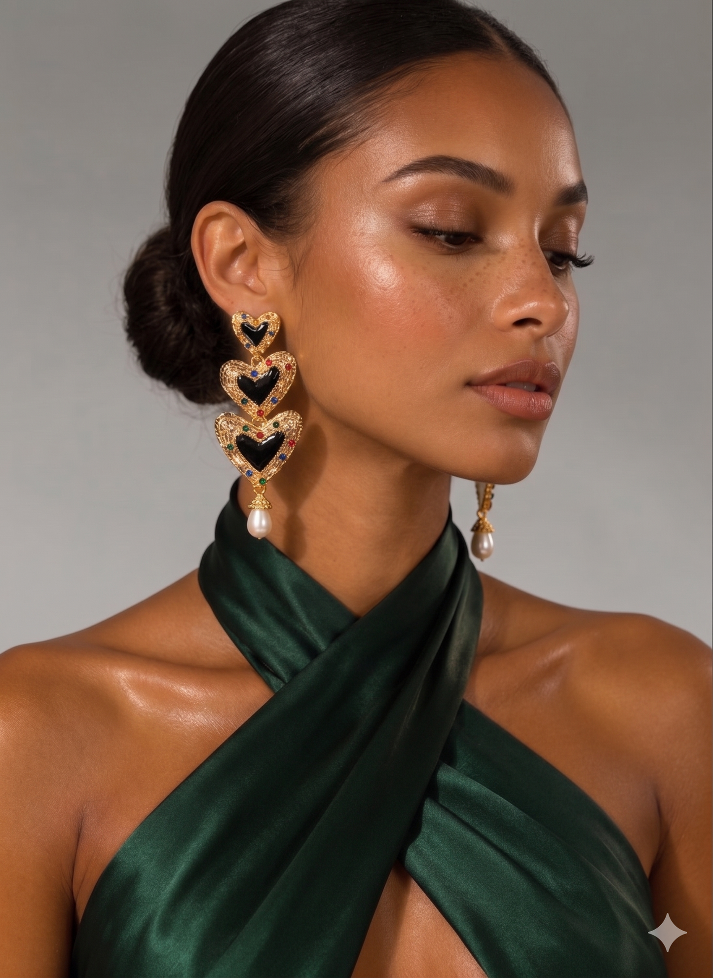 Gold Heart Drop Statement Earrings – Pearl Dangle Evening Jewellery - Fatisha Boutique #