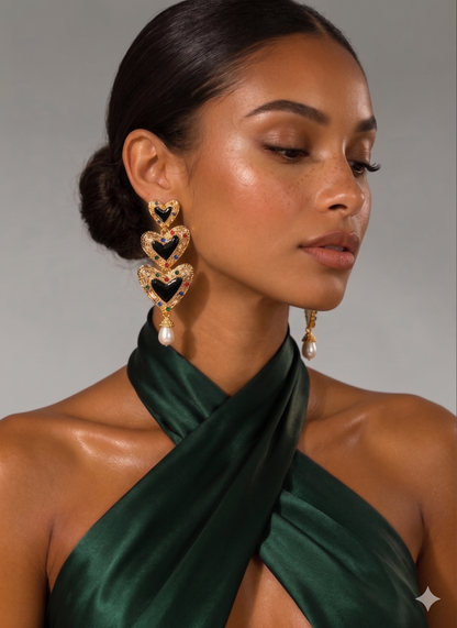 Gold Heart Drop Statement Earrings – Pearl Dangle Evening Jewellery - Fatisha Boutique #