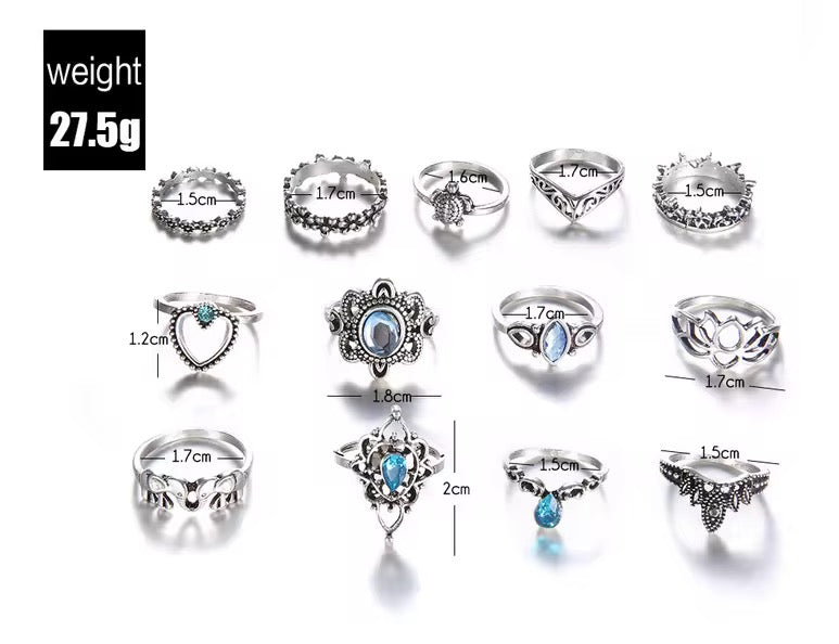 Bohemian Silver Ring Set – 13-Piece Vintage Crystal Rings Collection - Fatisha Boutique #