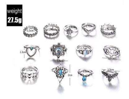 Bohemian Silver Ring Set – 13-Piece Vintage Crystal Rings Collection - Fatisha Boutique #