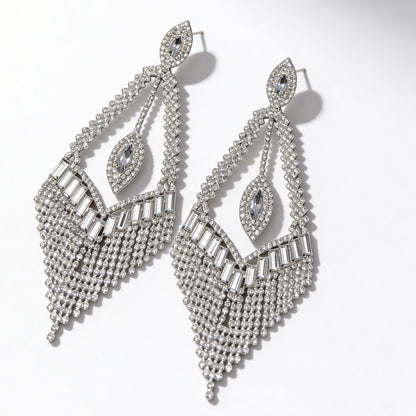 Luxury Crystal Chandelier Statement Earrings – Long Rhinestone Glam Drop (Gold, Silver or Grey) - Fatisha Boutique #