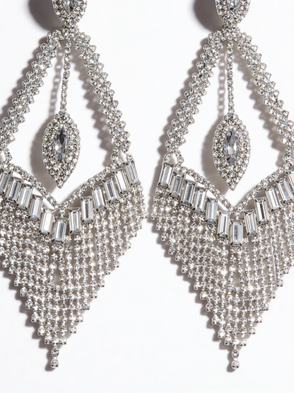 Luxury Crystal Chandelier Statement Earrings – Long Rhinestone Glam Drop (Gold, Silver or Grey) - Fatisha Boutique #