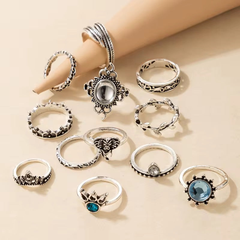 Set of 12 Vintage Silver Boho Rings – Mixed Designs with Blue Crystal Accents (Non-Adjustable) - Fatisha Boutique #