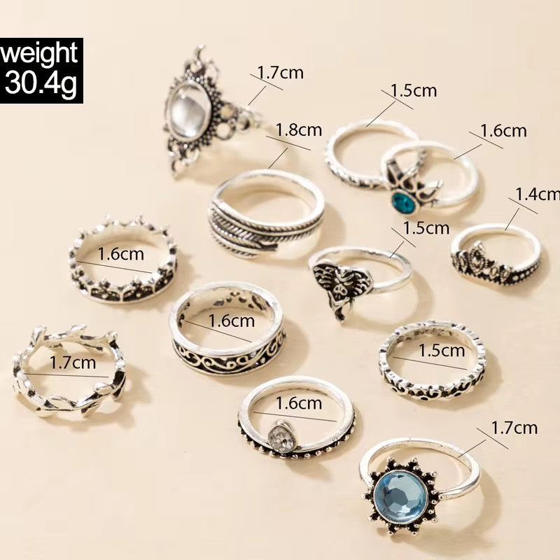 Set of 12 Vintage Silver Boho Rings – Mixed Designs with Blue Crystal Accents (Non-Adjustable) - Fatisha Boutique #
