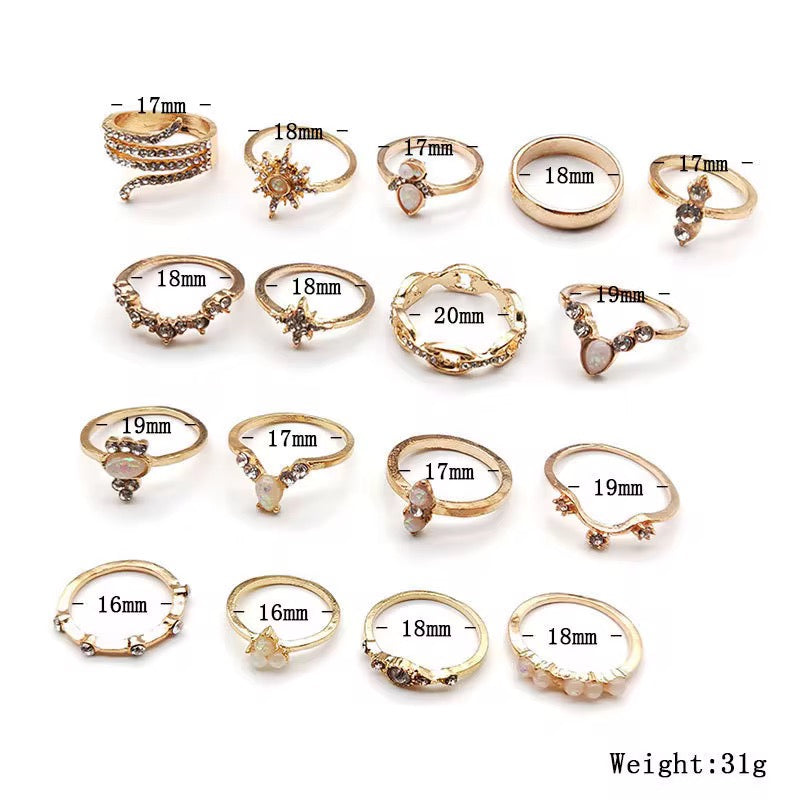 Gold Opal Aesthetic Ring Set (17 Pieces) – Vintage Boho Stacking Rings - Fatisha Boutique #