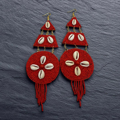 Red African Beaded Statement Earrings with Cowrie Shell – Long Tribal Drop