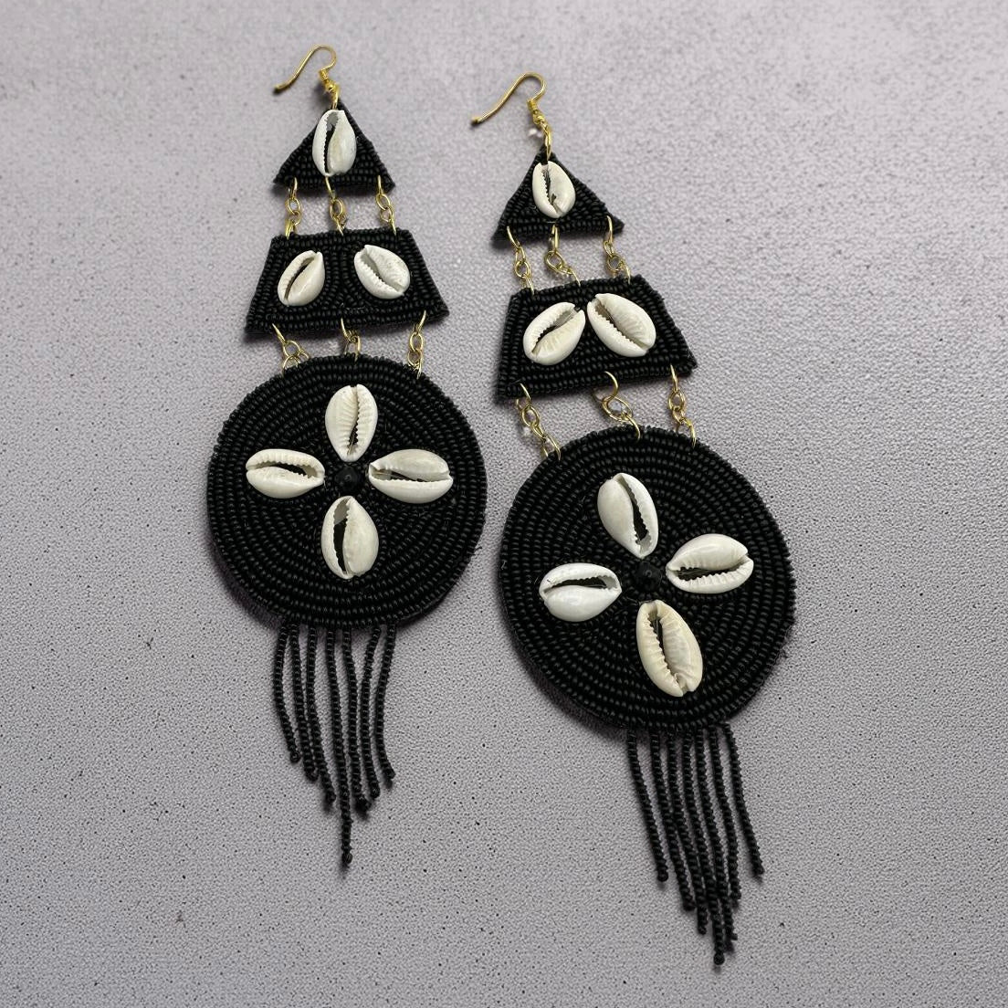 Handmade Black Beaded Cowrie Shell Earrings – Long African Statement Jewellery - Fatisha Boutique #