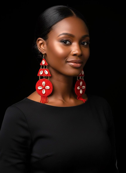 Red African Beaded Statement Earrings with Cowrie Shell – Long Tribal Drop - Fatisha Boutique #