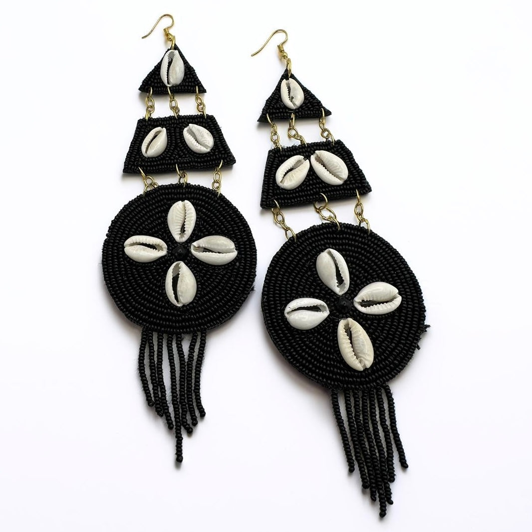 Handmade Black Beaded Cowrie Shell Earrings – Long African Statement Jewellery - Fatisha Boutique #