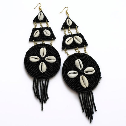 Handmade Black Beaded Cowrie Shell Earrings – Long African Statement Jewellery - Fatisha Boutique #