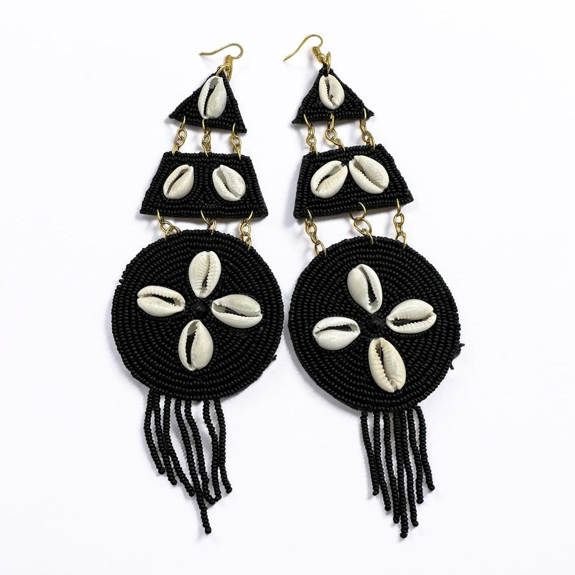 Handmade Black Beaded Cowrie Shell Earrings – Long African Statement Jewellery - Fatisha Boutique #