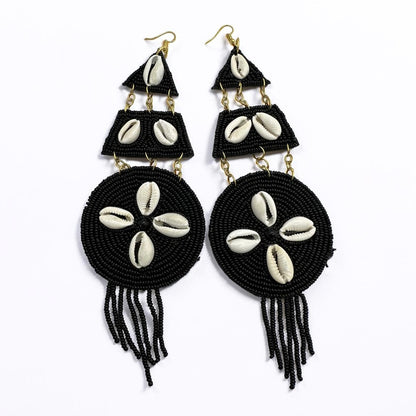 Handmade Black Beaded Cowrie Shell Earrings – Long African Statement Jewellery - Fatisha Boutique #