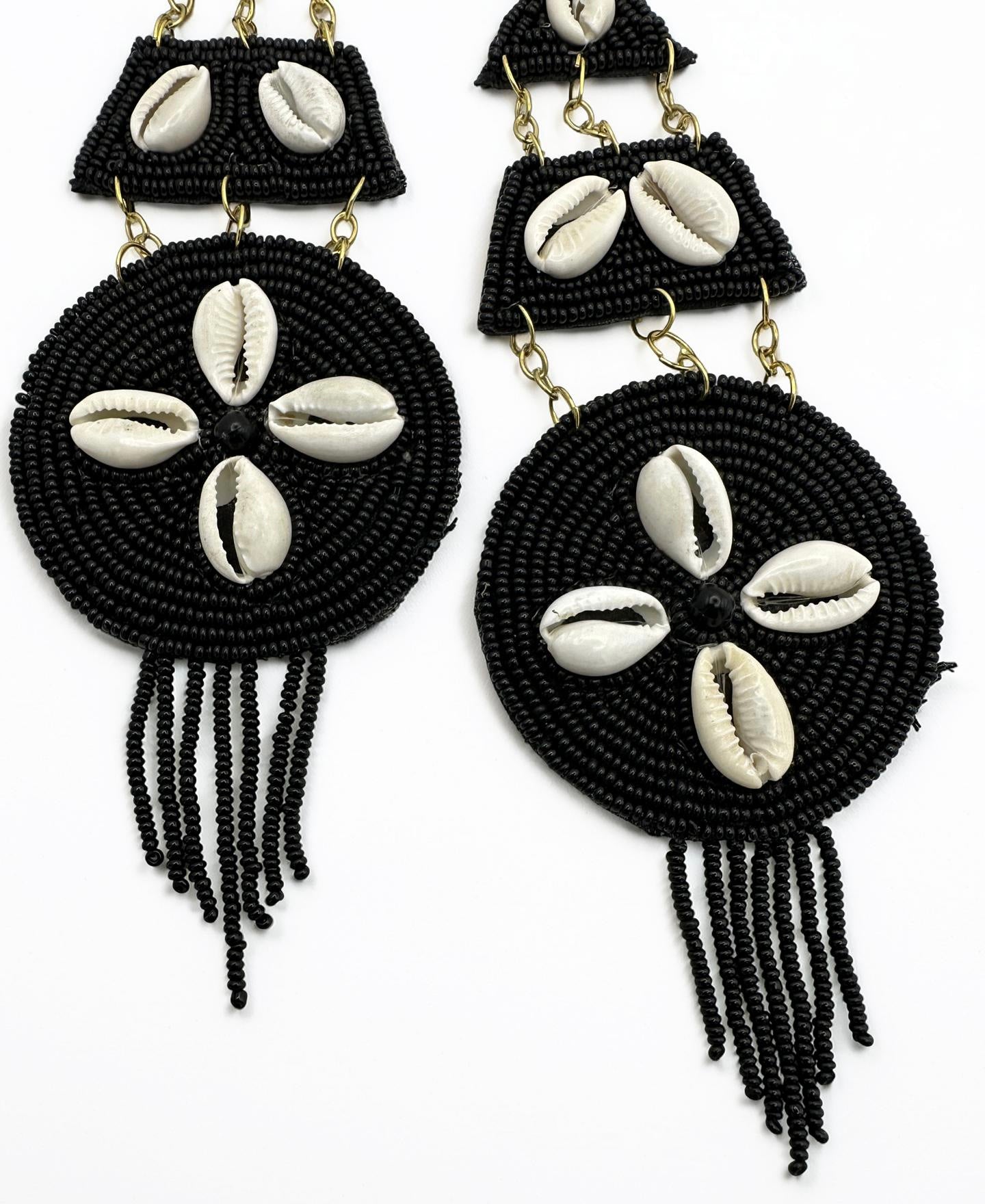 Handmade Black Beaded Cowrie Shell Earrings – Long African Statement Jewellery - Fatisha Boutique #