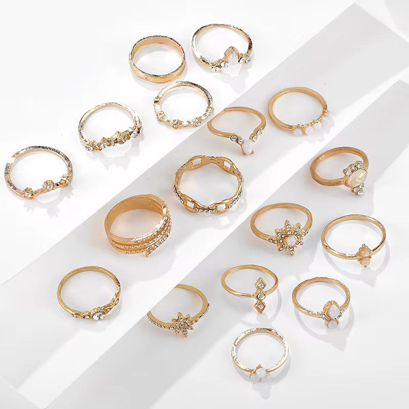 Gold Opal Aesthetic Ring Set (17 Pieces) – Vintage Boho Stacking Rings - Fatisha Boutique #