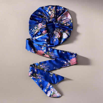Luxury Blue Floral Satin Silk Bonnet with Long Ties – Adjustable Sleep Cap, Turban & Hair Wrap - Fatisha Boutique #