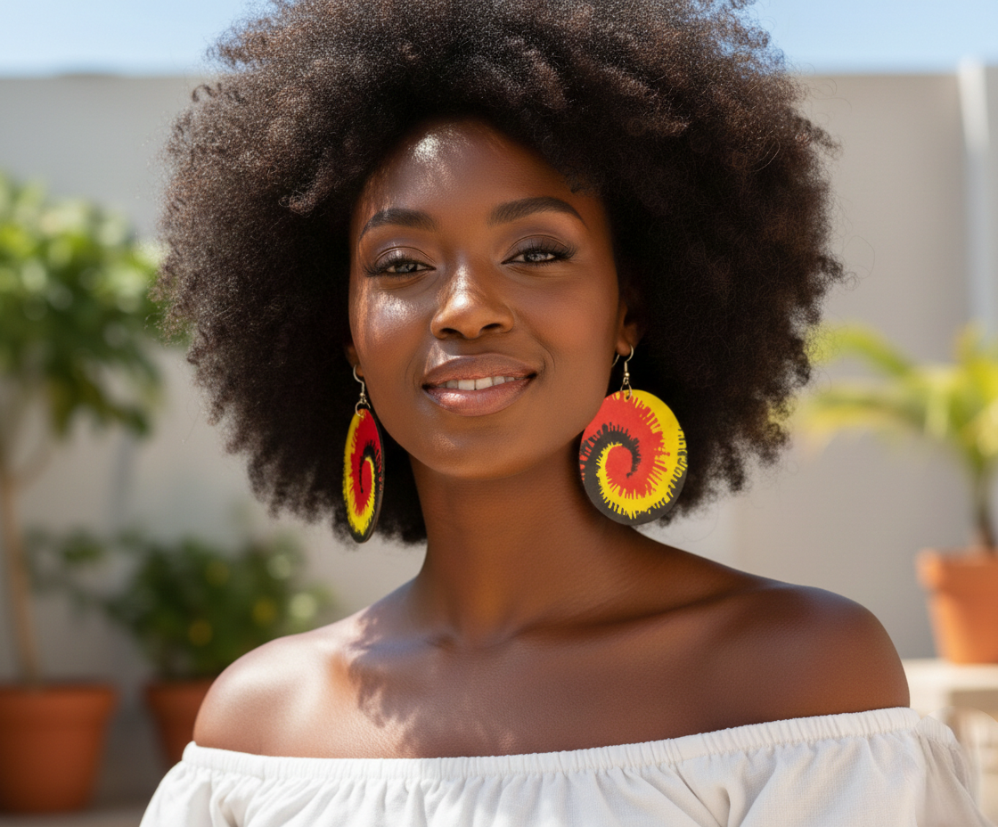 Rasta Spiral Wooden Earrings – Double-Sided Red, Green, Yellow Statement Jewellery - Fatisha Boutique #