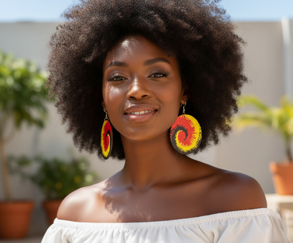 Rasta Spiral Wooden Earrings – Double-Sided Red, Green, Yellow Statement Jewellery - Fatisha Boutique #