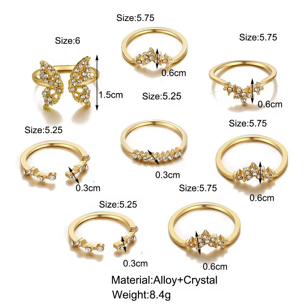 Elegant Butterfly & Crystal Gold Ring Set (8 Pieces) – Dainty Non-Adjustable Stackable Rings - Fatisha Boutique #
