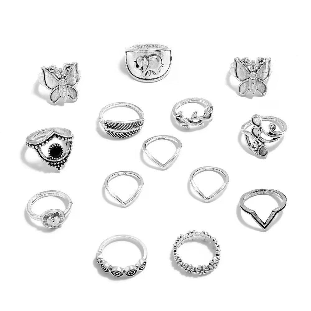 Boho Butterfly & Elephant Ring Set (15pcs) – Vintage Silver Statement Rings - Fatisha Boutique #