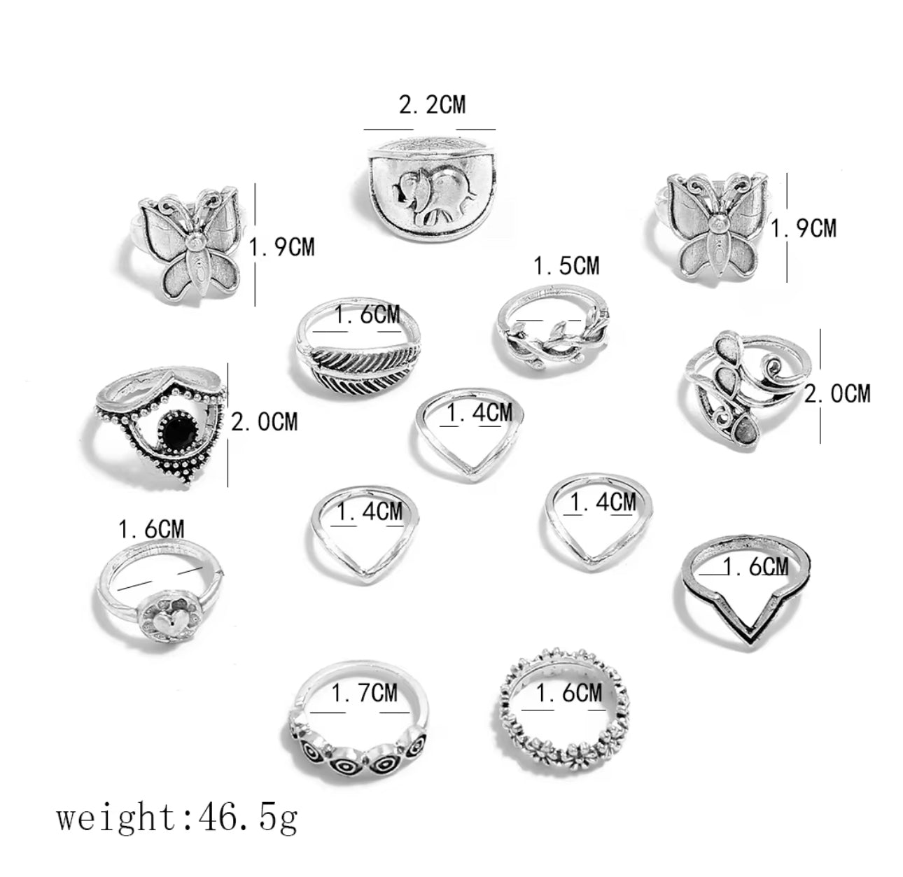 Boho Butterfly & Elephant Ring Set (15pcs) – Vintage Silver Statement Rings - Fatisha Boutique #