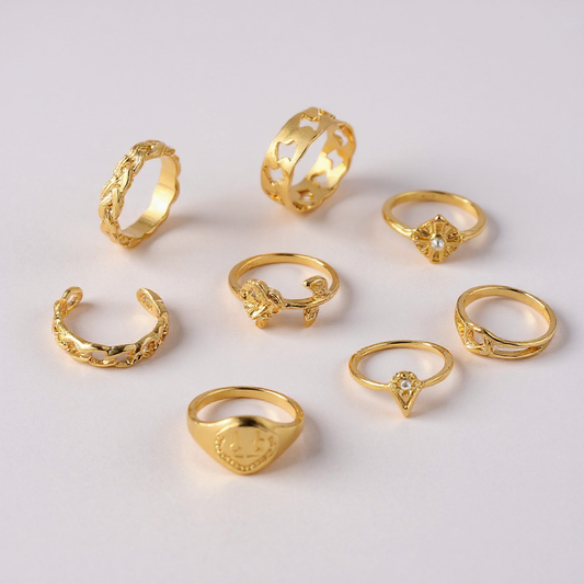 Set of 8 Adjustable Rings for Women – Gold & Silver Stackable Fashion Jewellery - Fatisha Boutique #