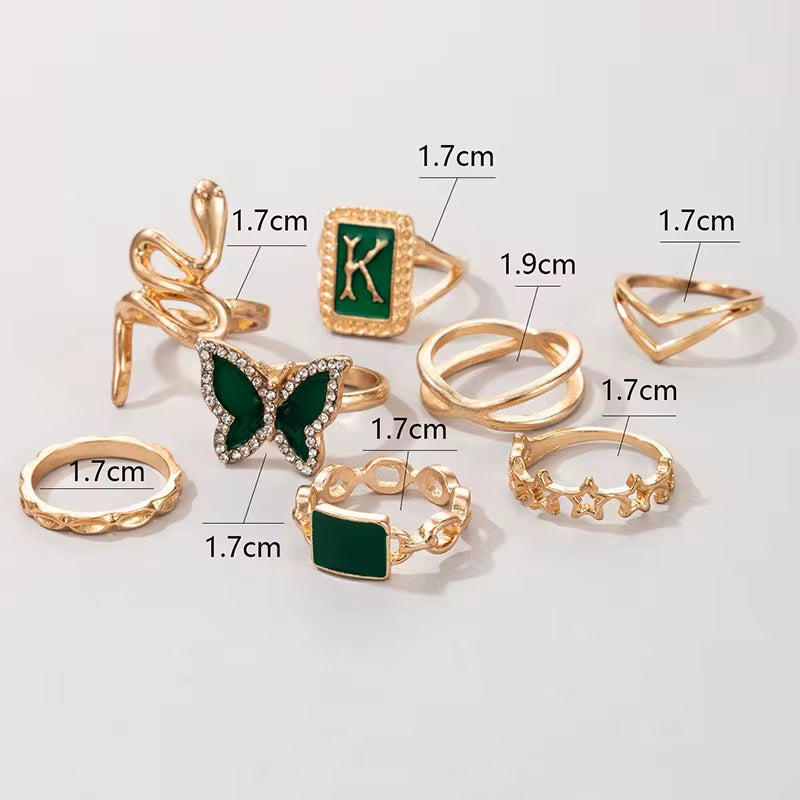Set of 8 Green & Gold Rings – Butterfly, Snake & Geometric Stackable Jewellery - Fatisha Boutique #