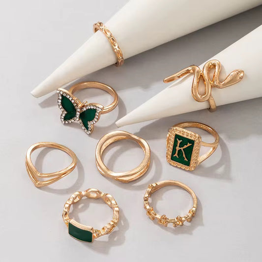 Set of 8 Green & Gold Rings – Butterfly, Snake & Geometric Stackable Jewellery - Fatisha Boutique #