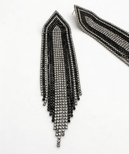 Black & Silver Rhinestone Fringe Statement Earrings – Long Glamorous Dangle Crystal Drop Earrings