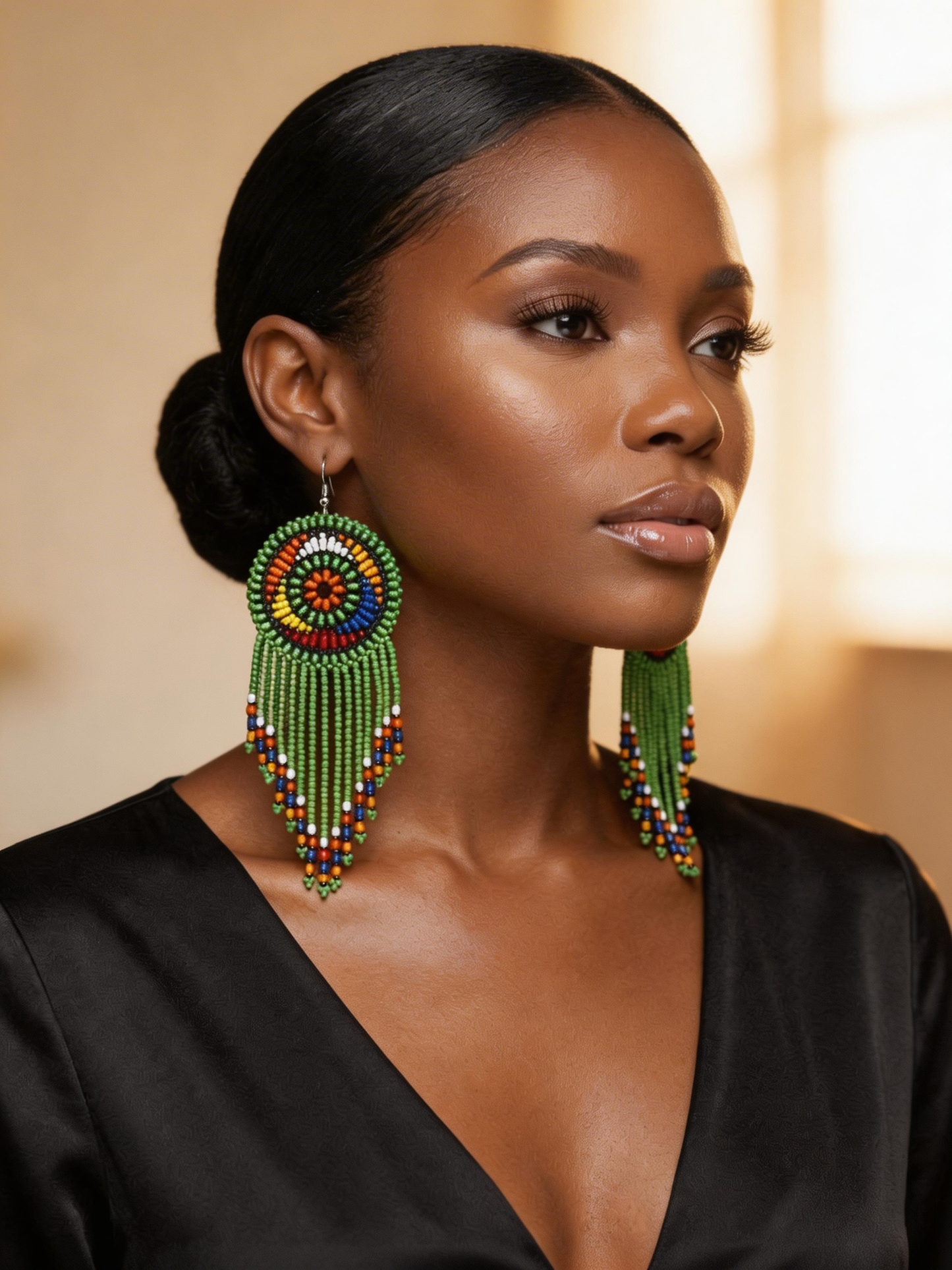 Green Maasai African Beaded Tassel Earrings – Handmade Tribal Statement Jewellery