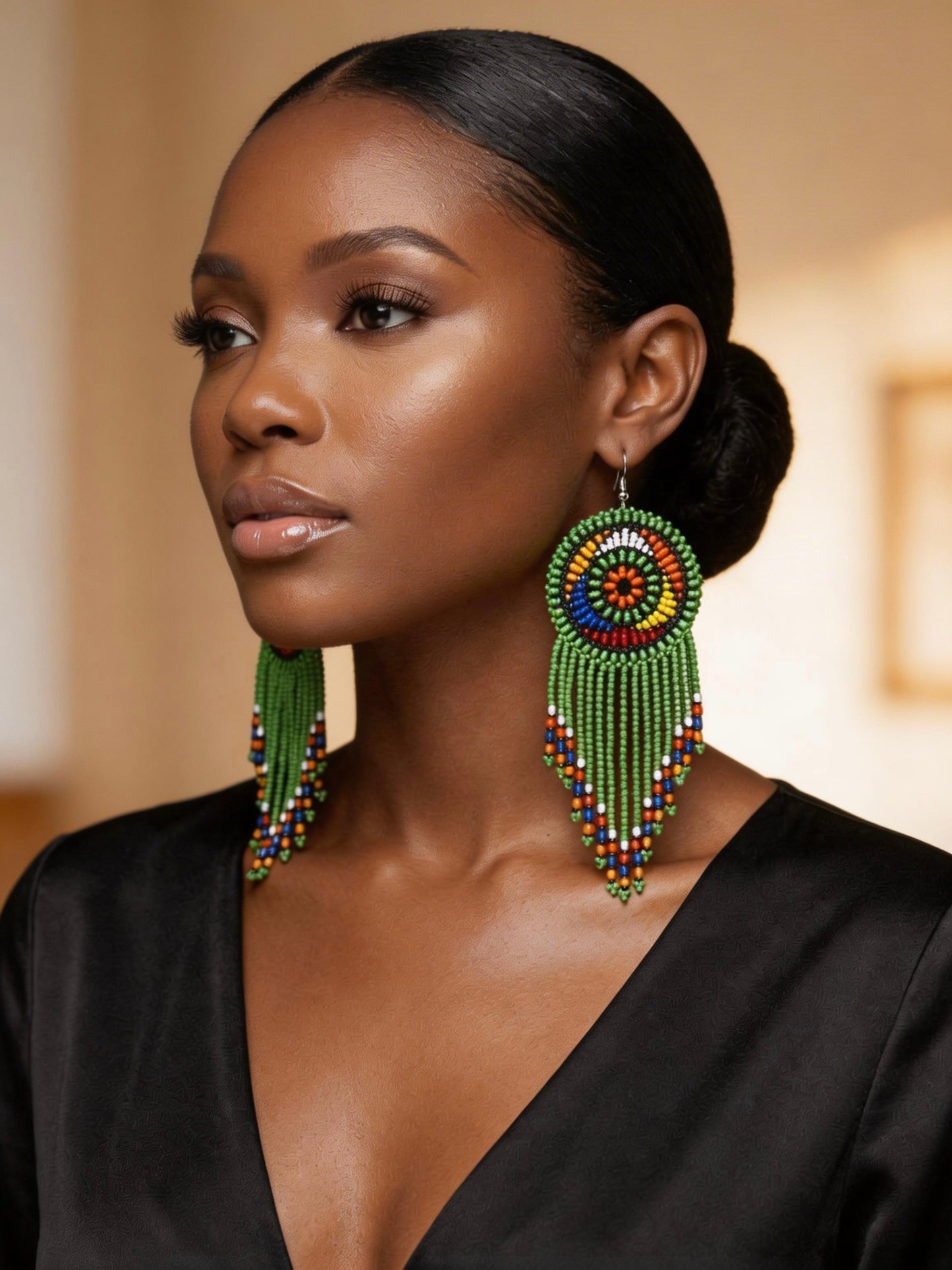 Green Maasai African Beaded Tassel Earrings – Handmade Tribal Statement Jewellery