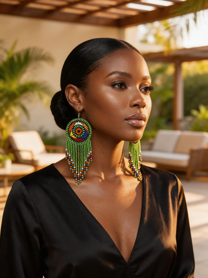 Green Maasai African Beaded Tassel Earrings – Handmade Tribal Statement Jewellery